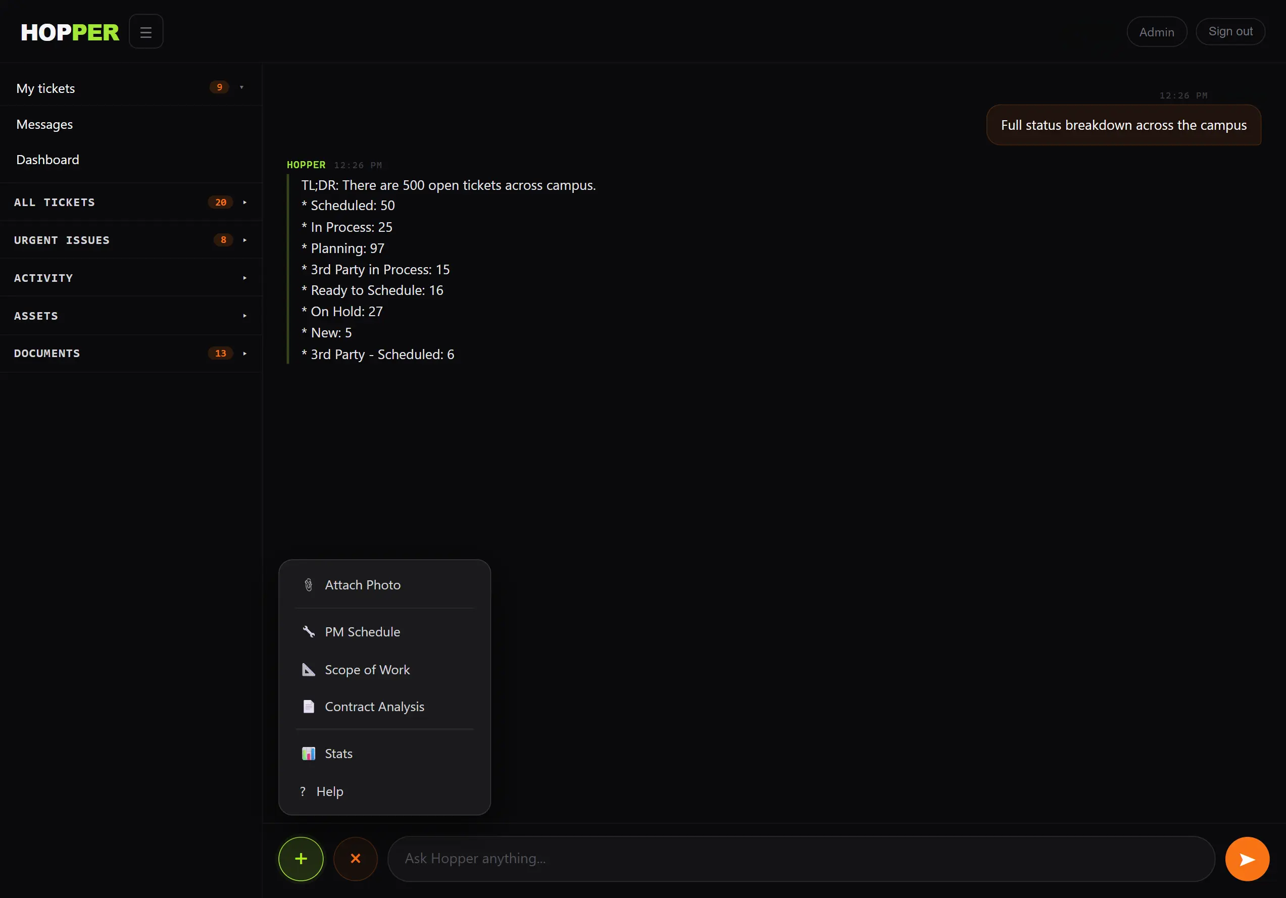 Hopper chat with status breakdown